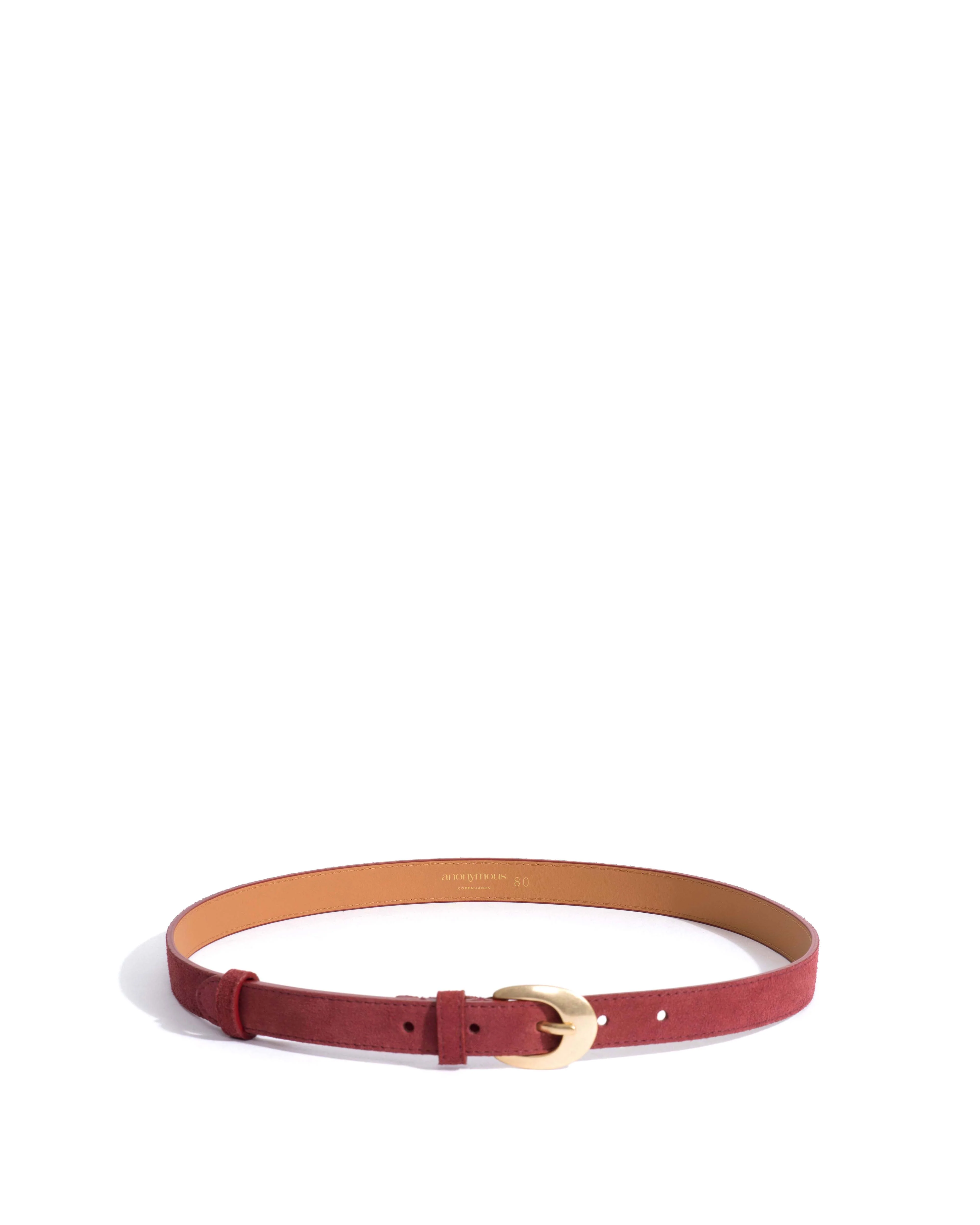 Aris unisex leather belt Calf suede & metal Pomegranate & gold buckle - Image 3