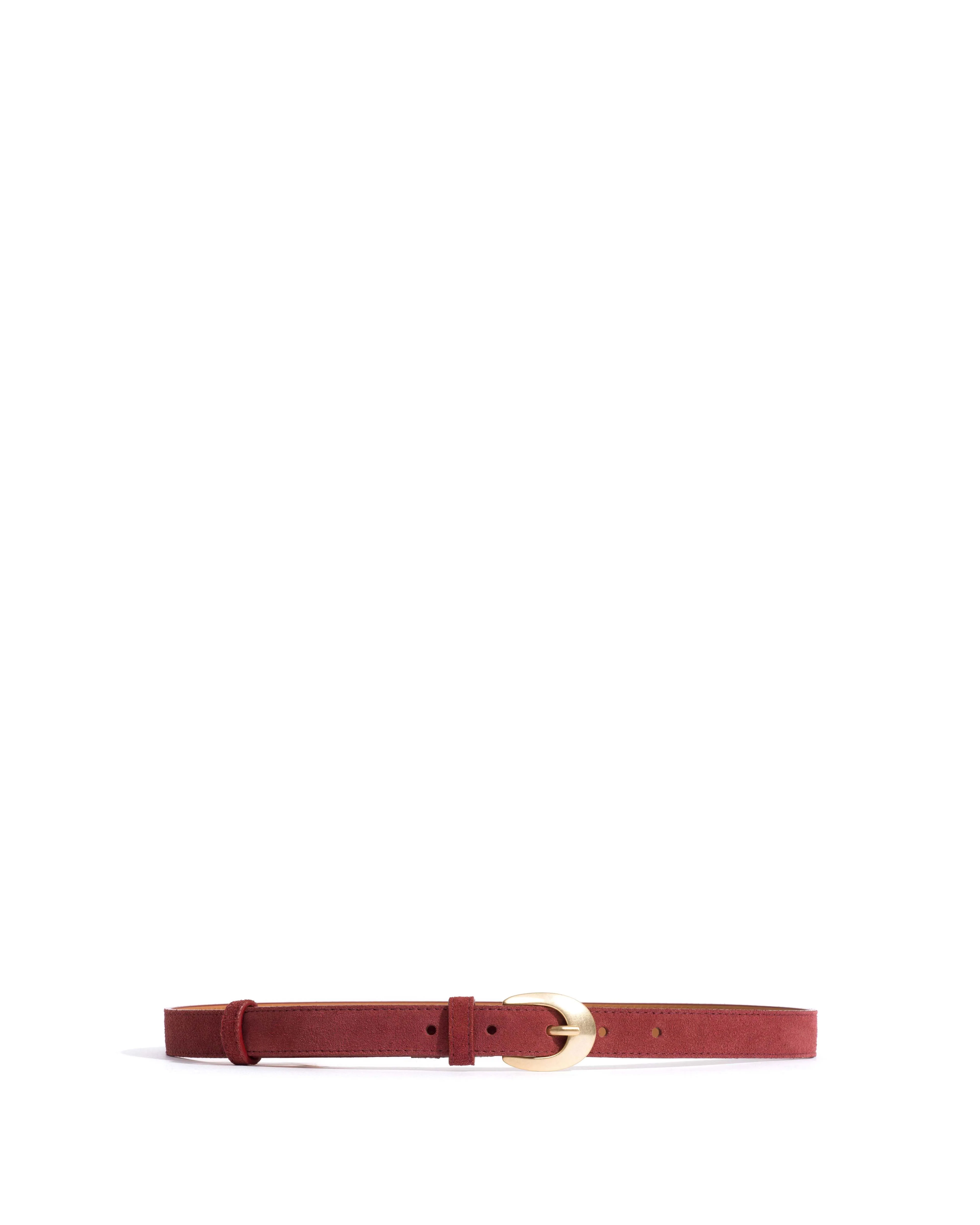 Aris unisex leather belt Calf suede & metal Pomegranate & gold buckle - Image 4