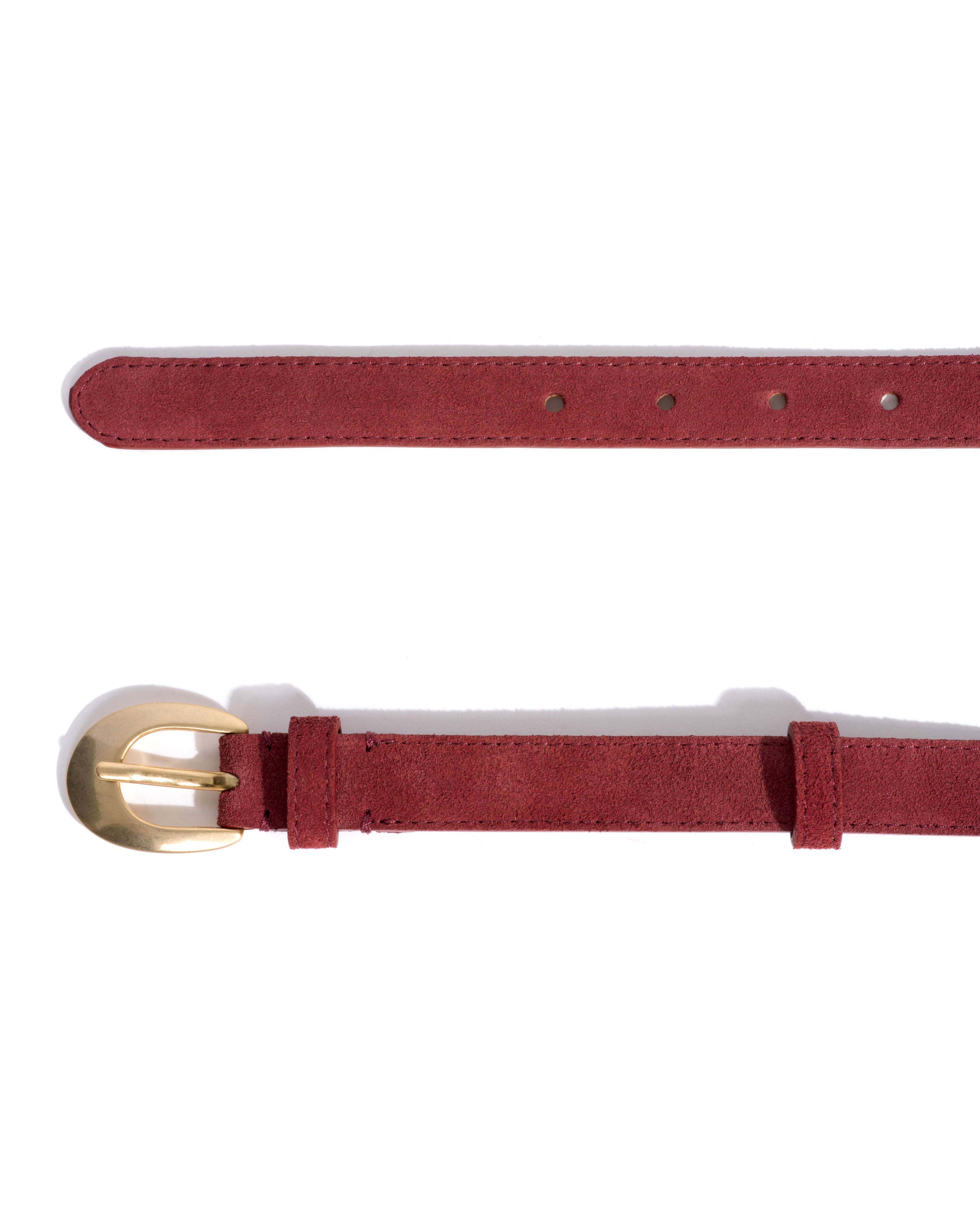 Aris unisex leather belt Calf suede & metal Pomegranate & gold buckle - Image 5