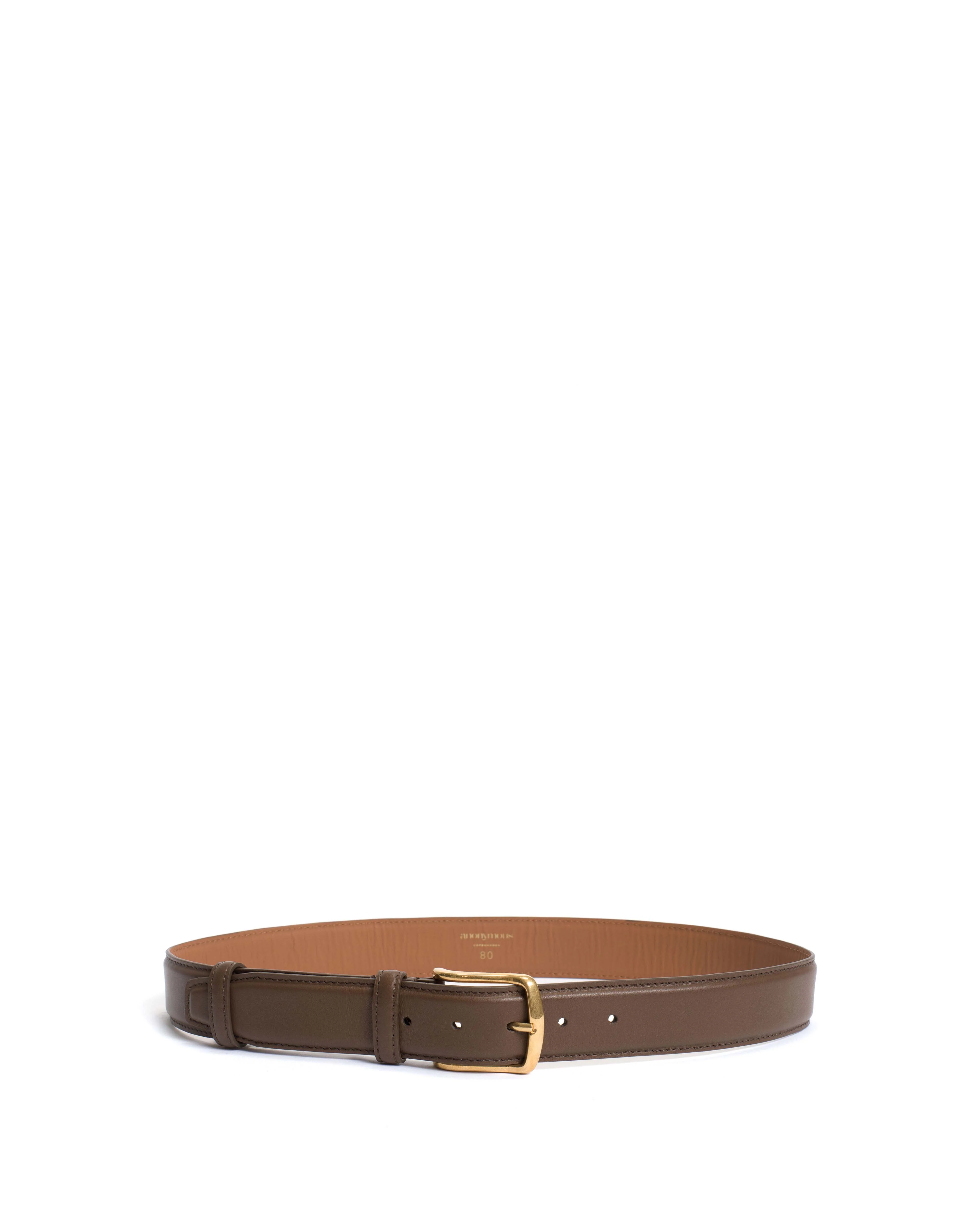 Quinn classic unisex leather belt Soft calf & metal Dark taupe & gold buckle - Image 3