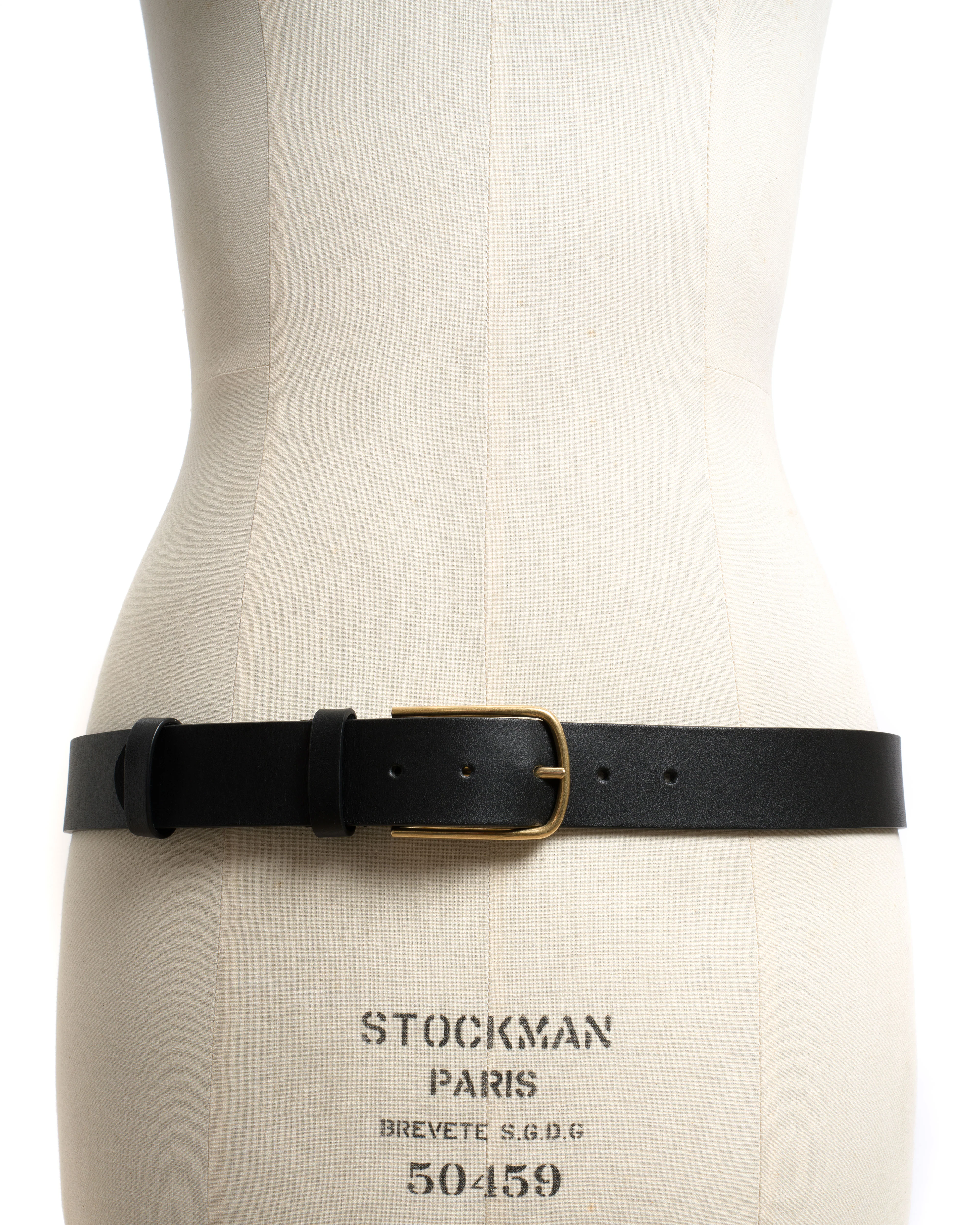 Whane simple unisex leather belt Vegetable tanned calf & metal Black & gold buckle - Image 2